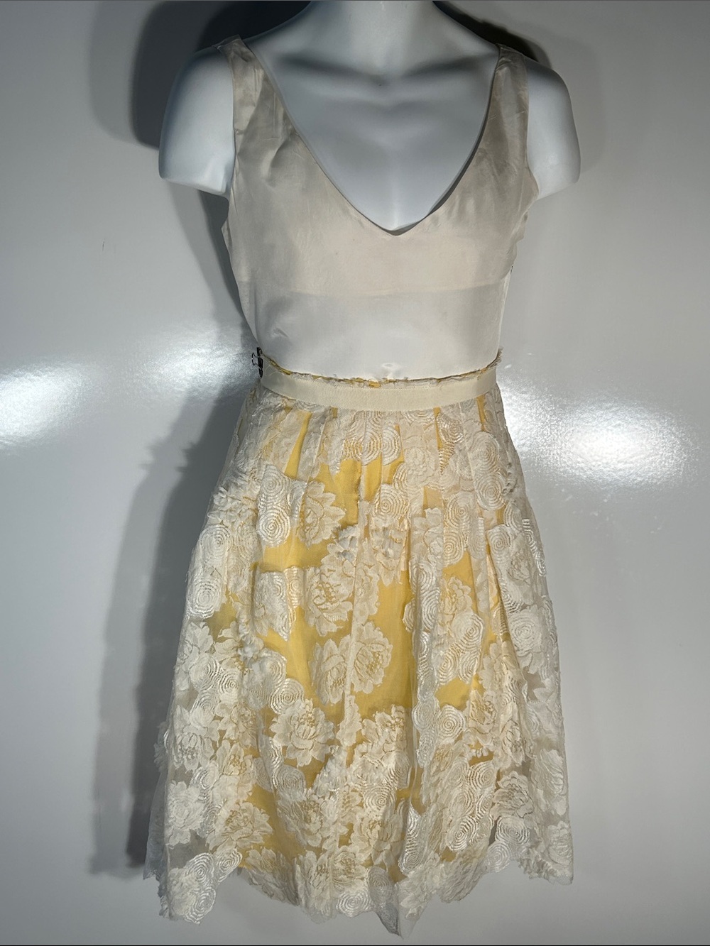 Lela Rose Designer Luxury SZ 8 Ivory Lace w/Yellow Skirt Formal Bridal Coquette